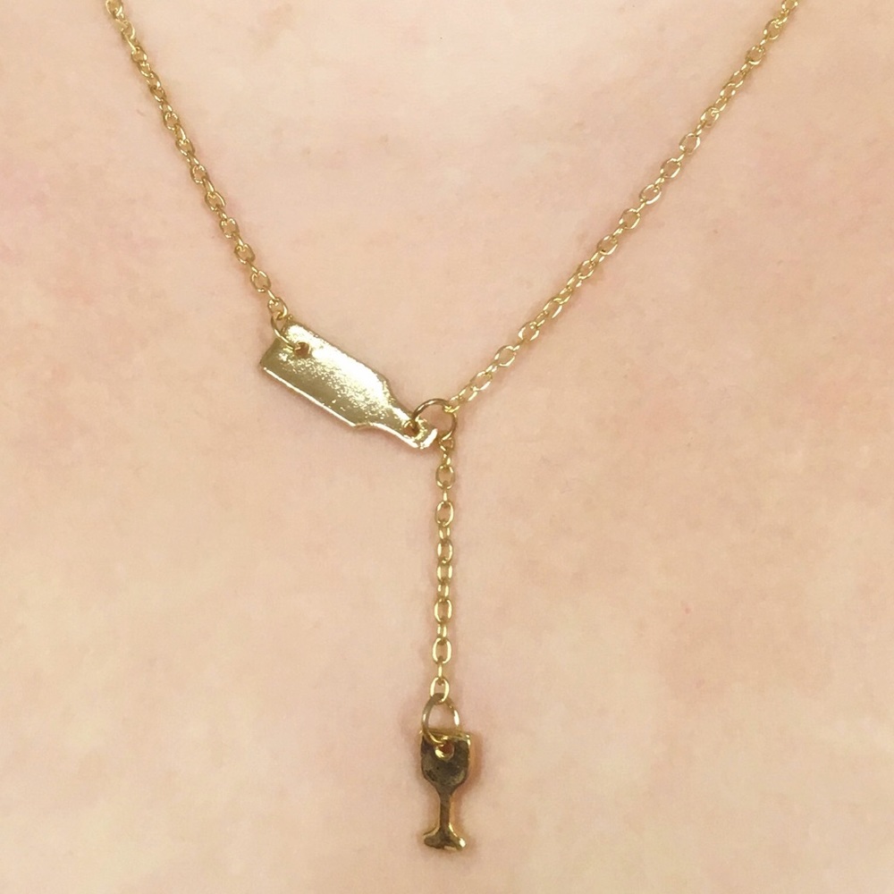 Wine Bottle Glass Gold Toned Necklace